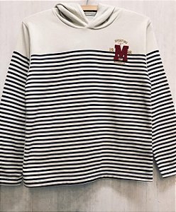 Blusa de Moletom Infantil Bege Listrado de Azul com Capuz da Biogas