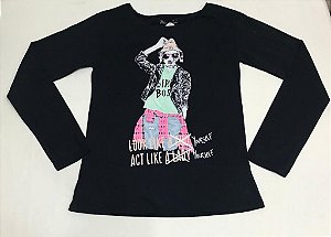 Blusa Juvenil Preta de Manga Longa Rockstar da Gloss