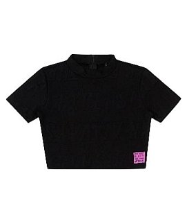 Blusa Juvenil Preta Cropped Manga Curta Gola da Authoria