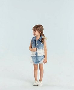 Colete Jeans Infantil Petit Cherie Claro com Bordado em Pérolas