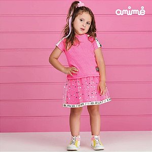 Conjunto Infantil Rosa Neon com Saia Tule Trabalhado Animê