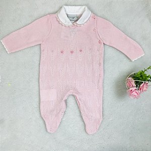 Macacão de Bebê em Tricô Rosa Linha Malharia Noruega
