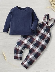 Conjunto Jardineira Xadrez Azul