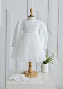 Vestido branco para Batizado manga longa com touquinha - Flor