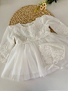 Vestido branco para Batizado manga longa com touquinha - Flor