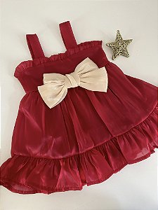 Vestido infantil vermelho Marsala com laço creme