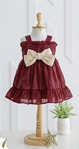 Vestido infantil vermelho Marsala com laço creme