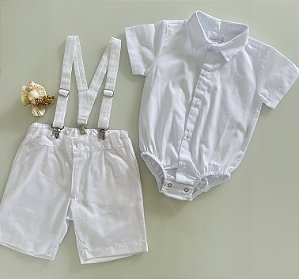 Conjunto Menino com suspensório para Batismo -  Branco
