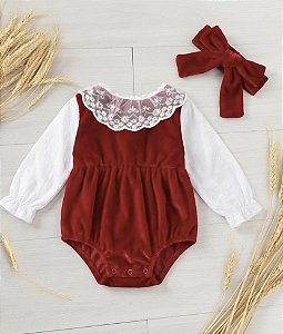 Romper Bebê Veludo Vermelho