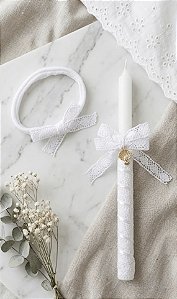 Kit Vela Batismo e Faixa com Laço de Renda