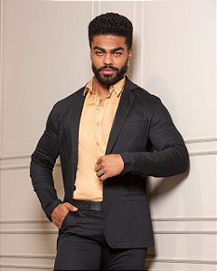 Blazer Masculino Casual Slim Fit Sarja Preto Bolso Embutido