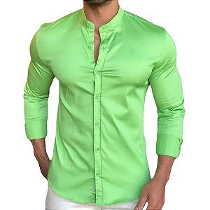 Camisa Slim Fit Gola Padre Acetinada longa Verde Pistache