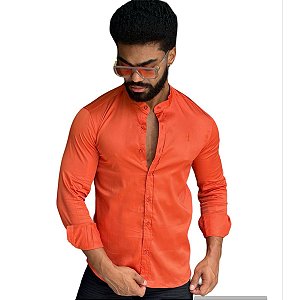 Camisa Slim Fit Gola Padre Acetinada Longa Laranja