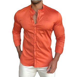 Camisa Slim Fit Gola Padre Acetinada Longa Laranja
