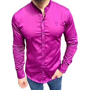 Camisa Slim Fit Gola Padre Acetinada Longa Uva