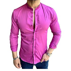 Camisa Slim Fit Gola Padre Acetinada Longa Roxa