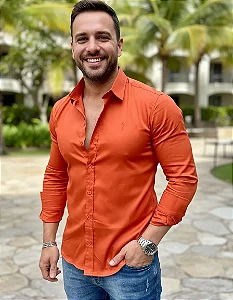 Camisa Slim Fit  Acetinada Longa Laranja
