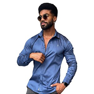 Camisa Slim Fit Longa Acetinada Azul Estanho