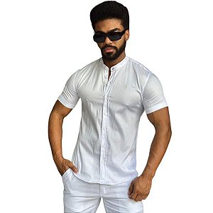 Camisa Slim Fit Curta Acetinada Gola Padre Branco