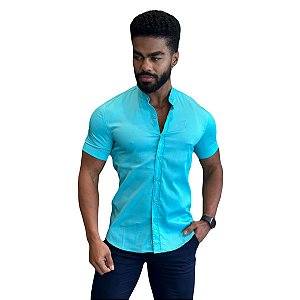 Camisa Slim Fit Curta Acetinada Gola Padre Azul Celeste