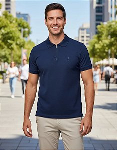 Polo Slim Fit Zip Off Ziper Masculino Marinho