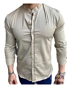 Camisa Slim Fit Gola Padre Acetinada Longa Areia