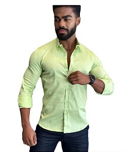 Camisa Slim Fit  Acetinada Longa Pistache