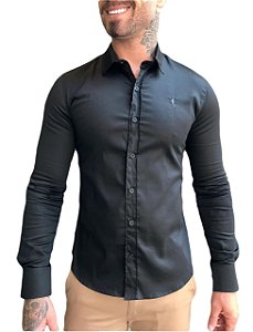 Camisa Slim Fit Longa Acetinada Zip Off Preto