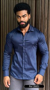 Camisa Slim Fit Longa Acetinada Zip Off Marinho