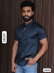 Camisa Slim Fit Curta Acetinada Gola Padre Marinho