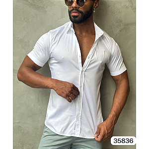 Camisa Slim Fit Curta Acetinada  Branco