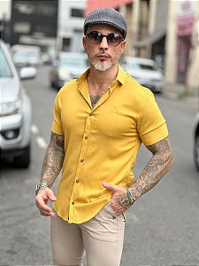 Camisa de Linho e Elastano Per Pochi  Mostarda