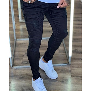 Calça Masculina City Denim Skinny Preta Destroyd