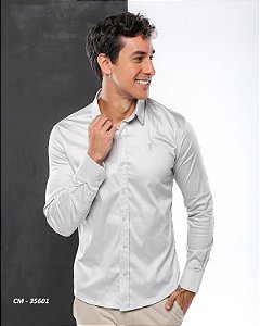 Camisa Slim Fit Longa Acetinada Cinza Claro