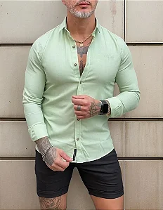 Camisa Masculina Linho Gola Italiana Per Pochi Verde Claro
