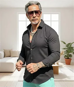 Camisa Masculina Linho Gola Italiana Per Pochi Preto