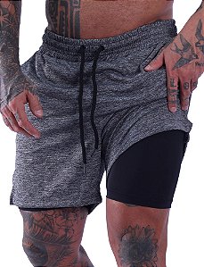 Short Duplo Absoluth Duolayer Com Porta Toalha E Bolso Interno Cinza Rajado
