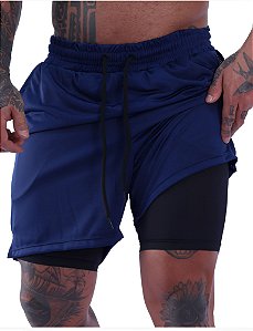 Bermuda Dupla 2 Em 1 Compressão com Suporte Toalha e Bolso Interno Absoluth Azul Marinho