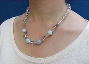 COLAR ESFERA CRISTAL COM ÁGUA MARINHA
