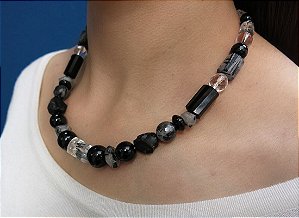 COLAR QUARTZO RUTILADO, CRISTAL, ÁGATA NEGRA, TURMALINA