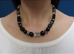COLAR QUARTZO RUTILADO, CRISTAL, ÁGATA NEGRA, TURMALINA