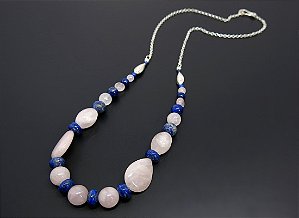 COLAR CORRENTE LÁPIS LAZULI E QUARTZO ROSA