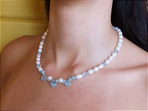 COLAR ÁGUA MARINHA E PÉROLA BIWA