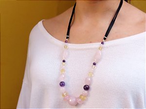 COLAR SEDA QUARTZO ROSA, CITRINO E AMETISTA