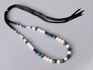COLAR SEDA PÉROLA, LÁPIS LAZULI E TURQUESA AFRICANA