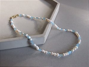 COLAR VERMEIL PÉROLA BIWA E ÁGUA MARINHA