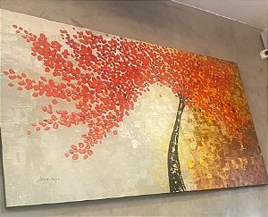 Quadro Pintura em Tela Espatulado Árvore com Flores Vermelha