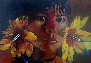 Quadro pintura em tela índios do Brasil.