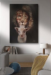 Pintura à Óleo Leão de Judá e Cordeiro de Deus