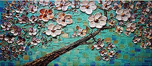 Quadro Pintura em Tela Árvore Cerejeira fundo Azul Turquesa
